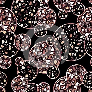 Vector seamless abstract geometric pattern with rose gold, black and brown terrazzo circles. Luxury metallic and stone texture