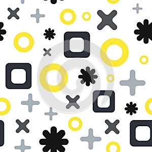 Vector seamless abstract pattern with cross, plus marks, squares and circles.
