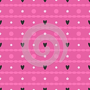 Vector seamless abstract pattern with hearts, flowers and dots on pink background.