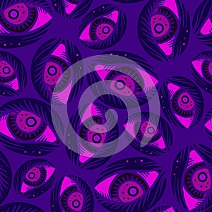 Vector seamless abstract pattern of lined ornamental oval eye shapes on purple