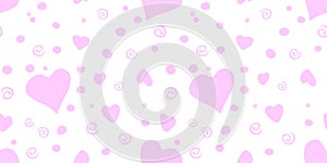 Vector Seamless abstract pattern of pink flat elements hearts points drops spirals. Hand drawn pastel texture