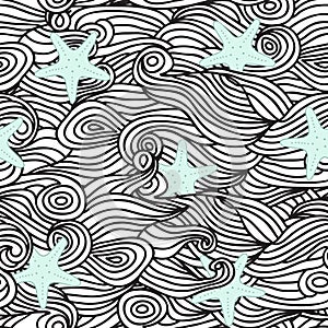 Vector seamless abstract pattern, waves and shells