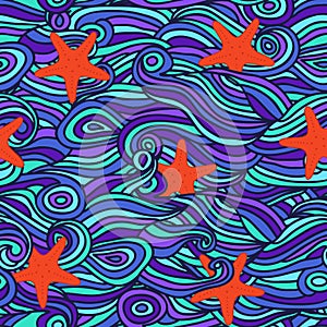 Vector seamless abstract pattern, waves and shells