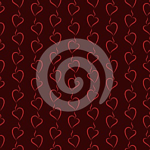 Vector seamless abstract romantic pattern. Hearts on dark red background.