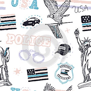 Vector seamless American pattern for textiles. Background with USA Police flag. Lettering, American Holidays.