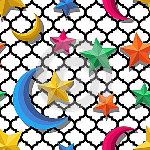 Vector seamless arabic pattern with 3d stylized multicolor moon and stars.