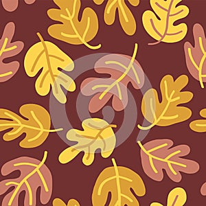 Autumn pattern of fall leaves Vector seamless. Oak leaf seaonal background orange, yellow, gold for textile, digital paper, photo