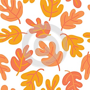 Vector seamless Autumn pattern of fall leaves. Oak leaf seaonal background red, yellow, gold, and white for textile, digital paper photo