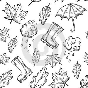 Vector seamless autumn patterns with hand drawn sketch illustrations.