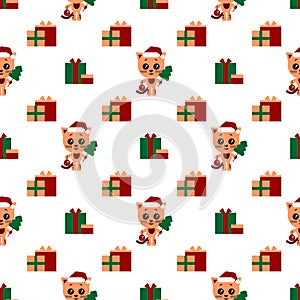 Vector seamless background. Cartoon cat and presents. Cat with christmas tree and new year ball