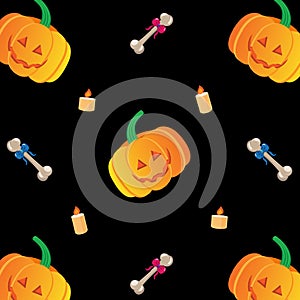 Vector seamless background with cartoon Halloween pumpkin, candle, and a bone with a bow.