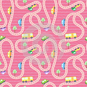 Vector seamless background with cartoon roads and cars.