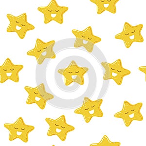 Vector seamless background with Christmas gingerbread cookies smiling star shape on white background.