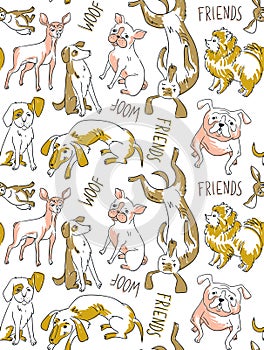 Vector seamless background with dogs of different breeds. Funny hand drawn fabric design.