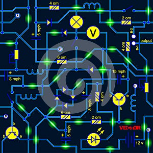 Vector seamless background of electrical circuit of radio device resistance, transistor, diode, capacitor, inductor.