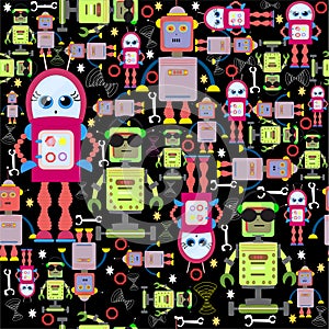 Vector Seamless Background Funny Colorful Robots on Black.