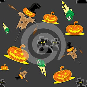 Vector seamless background Halloween kit scarecrow, pumpkins, candles, graves and cross