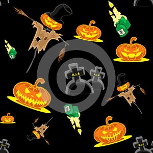 Vector seamless background Halloween kit scarecrow, pumpkins, candles, graves and cross