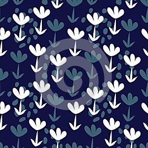 Vector seamless background with hand-drawn flowers, Botanical white and blue illustrations, floral elements, repeating background