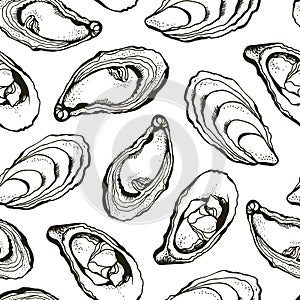 Vector seamless background of hand drawn oysters isolated on a white background