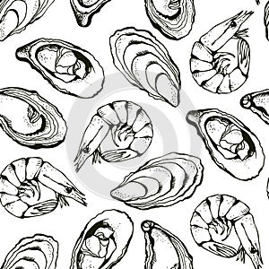 Vector seamless background of hand drawn oysters and shrimps isolated on a white background