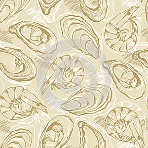 Vector seamless background of hand drawn oysters and shrimps isolated on a white background