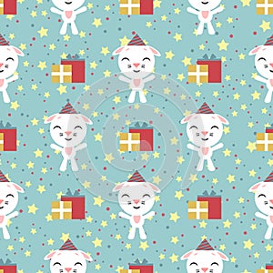 Vector seamless background. Happy birthday. Funny little bunny cartoon emoji characte