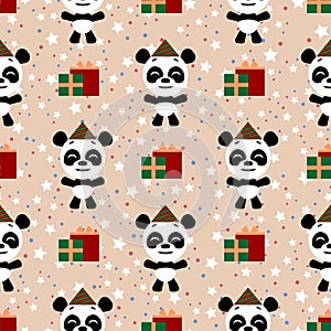 Vector seamless background. Happy birthday. Funny little panda cartoon emoji characte