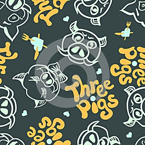 Vector seamless background with the images of the grown up three pigs with different characters. Manually drawn sketch