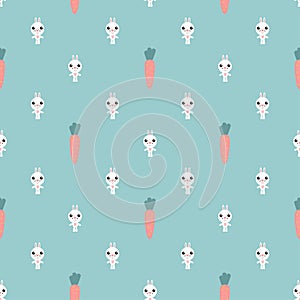 Vector seamless background. Kawai rabbit and carrot on the blue background, cartoon bunny. Vector illustration