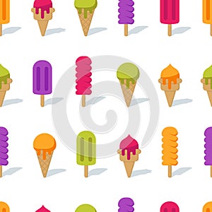 Vector seamless background with multicolor cones ice cream and ice lolly.