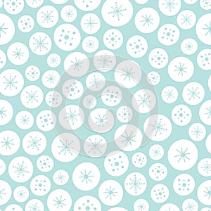 Vector seamless background pattern of white and blue Christmas circles and stars. A surface pattern design background