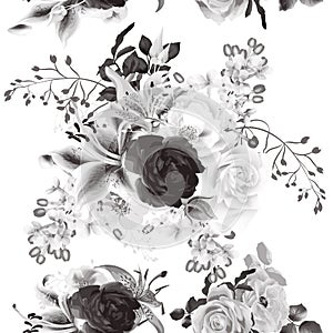 Vector seamless background with roses in monochromic color