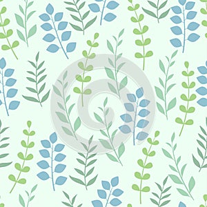 Vector seamless background of various green plant leaves, hand drawn botanical illustrations, floral decorative patterns,