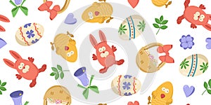 Vector seamless banner with Easter eggs in a basket, bunnies and chicken. Color illustration of an egg hunt