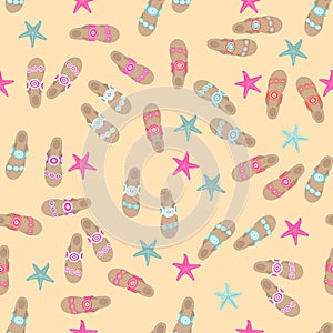 vector seamless beach pattern of beach flip-flops and starfish
