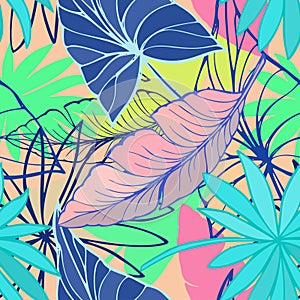 Vector seamless beautiful artistic bright tropical pattern with banana, Syngonium and Dracaena leaf, summer beach fun