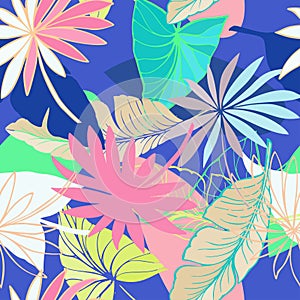 Vector seamless beautiful artistic bright tropical pattern with banana, Syngonium and Dracaena leaf, summer beach fun