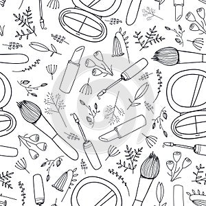 Vector seamless beauty, cosmetics doodle pattern. Florals, spring, summer sale background. Brushes, flowerspowder