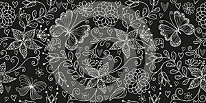 Vector seamless bicolor floral valentines pattern with hearts and dotty butterflies in doodle style