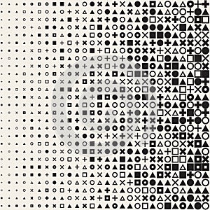 Vector Seamless Black and White Circle Square Cross Triangle Shapes Halftone Grid Pattern Geometric Background