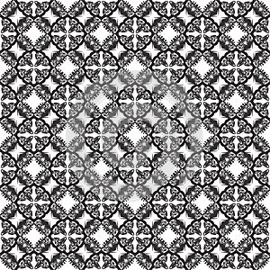 Vector Seamless Black and White Geometric Ethnic Floral Line Ornament Pattern