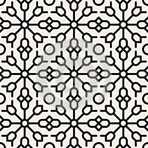 Vector Seamless Black and White Geometric Ethnic Floral Line Ornament Pattern