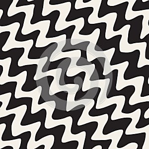 Vector Seamless Black and White Hand Drawn Diagonal Wavy Zigzag Lines Pattern