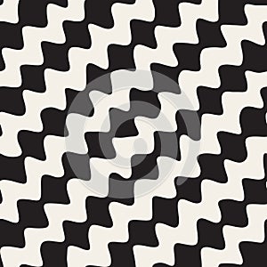 Vector Seamless Black and White Hand Drawn Diagonal Wavy Zigzag Lines Pattern