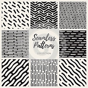 Vector Seamless Black and White Hand Drawn Lines Patterns