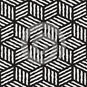 Vector Seamless Black And White Hand Painted Line Geometric Stripes Cube Pattern