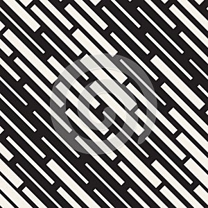 Vector Seamless Black And White Irregular Dash Rectangles Grid Pattern. Abstract Geometric Background Design