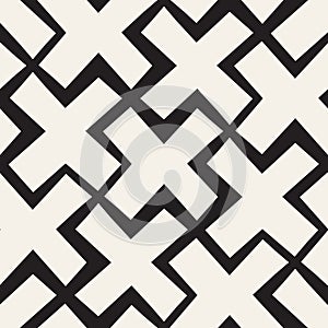 Vector Seamless Black And White Lines Pattern Abstract Background. Cross Shapes Geometric Tiling Ornament.