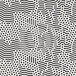 Vector Seamless Black and White Organic Rounded Jumble Lines Maze Pattern
